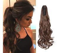 SEGO Extension Queue de Cheval Bouclé Frisé Longue Elastique - Fausse Queue de Cheval Ondulé - Postiches Ponytail Attaché Par Srcatch Pince - 45 CM Noir Mèche Auburn Clair