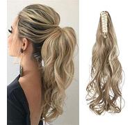 SEGO Fausse Queue de Cheval Bouclé Ondulé - Rajout Extension Queue de Cheval Frisé Elastique - Postiche Claw On Ponytail Attaché Par Pince - 45 CM Marron Cendre Mèche Blond tres Clair