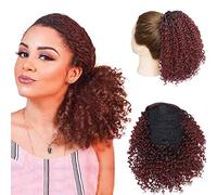 SEGO Postiche Chignon Kinky Curly Elastique - Postiche Queue de Cheval Court [ A Pince ] Puff Magique Cheveux Frise Postiches Chouchou Afro Africaine - 8"(20CM) 130g Noir Mèche Vin Rouge