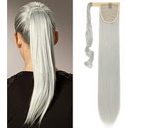 SEGO Postiche Queue de Cheval Extension Ponytail - Fausse Queue de Cheval Attaché Par Ruban Adhésif - Rajout Queue de Cheval Longue - 66 CM Gris Blanchi