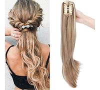 SEGO Postiche Queue de Cheval Fausse Cheveux Synthetique Fibre Ponytail Extension (Micro Ondulé)- Queue de Cheval Cheveux Faux A Pince 45 CM Chatain Sandy + Blond Blanchi