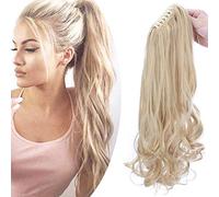 SEGO Postiche Queue de Cheval Fausse Cheveux Synthetique Fibre Ponytail Extension (Raide + Ondulé)- Queue de Cheval Cheveux Faux A Pince 45 CM Dore + Blond Blanchi