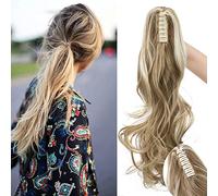 SEGO Postiche Queue de Cheval Matériel Mat Extension Queue de Cheval Par Pince Cheveux Synthétique 18 Pouces Cheveux Ondulé, Brun Cendré & Blond