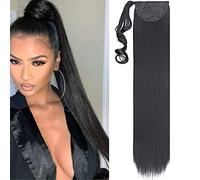 SEGO Postiche Queue de Cheval Raide - Fausse Queue de Cheval Lisse Extension Queue de Cheval Attaché Par Ruban Adhésif - 32 Pouces, Noir Foncé