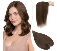SEGO Pro 25cm Topper Cheveux Humain Femme #2 Marron Foncé Postiche à Clips avec Frange Cheveux Naturel Tissée à La Main - Base en Soie Faite Main (27g)