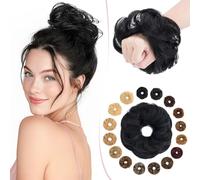 SEGO Pro Postiche Chignon Cheveux Naturel Humain #1 Noir de Jais Bouclés Ondulés Chouchou Extension Updo Faux Chignon Elastique pour Femme (23g)