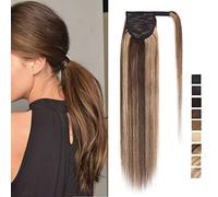 SEGO Queue de Cheval Cheveux Naturel Extension - Ponytail Hair Extensions Attaché par Bande Adhésives - Rajout Vrai Cheveux Humain Lisse Remy Hair - (55CM) 12P613#Brun Doré & Blond Blanchi