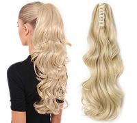 SEGO Queue de Cheval Extension Synthetique Postiche Ponytail Fausse Faut Cheveux Fibre Meche - [Pince A Griffes] 45 CM Blond Blanchi 18 pouce - Longue Boucle Ondule