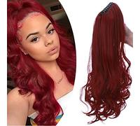 SEGO Queue de Cheval Extension Synthetique Postiche Ponytail Fausse Faut Cheveux Fibre - [Pince A Griffes] Rajout Ponytail Raide + Bouclé 45 CM Rouge Foncé