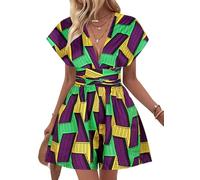 Segreto Combinaison à imprimé africain pour femme - Combinaison multi-vêtements - Combinaison d'été - Short décontracté, imprimé géométrique violet, vert, jaune, XL