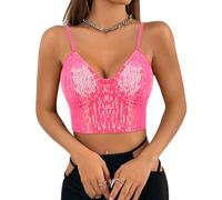 Segreto Débardeur à paillettes pour femme - Sans manches - Bretelles spaghetti - Sexy - Pour festival, fête, club, camisole, Paillettes roses, XL