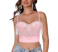 Segreto Femme Sexy Strass Franges Push Up Bustier Diamant Gland Corset Sans Manches Bretelles Crop Tank Top Corsage, Corset à franges roses, M