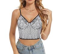 Segreto Haut à bretelles en paillettes pour femmes, sans manches, sexy, pour festival, fête en club, camisole, S