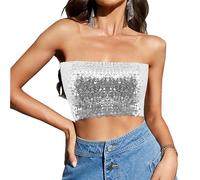 Segreto Top à paillettes pour femme - Sexy - Sans manches - Vintage - Bandeau - Sirène - Sans bretelles - Crop Top Party, Argent court, taille unique