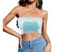 Segreto Top à paillettes pour femme - Sexy - Sans manches - Vintage - Bandeau - Sirène - Sans bretelles - Crop Top Party, Bleu azur court, taille unique
