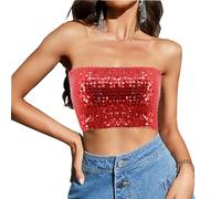 Segreto Top sexy à paillettes pour femme - Sans manches - Vintage - Bandeau - Sans bretelles - Haut court - Top à bretelles, rouge court, taille unique