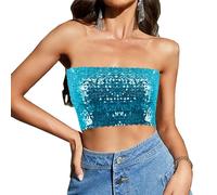 Segreto Top sexy à paillettes pour femme - Sans manches - Vintage - Bandeau - Sans bretelles - Haut court - Top à bretelles, Bleu lac court, taille unique