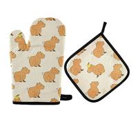 Segur Ensemble de gants de cuisine et maniques en forme d'animal de dessin animé Capybara - Résistants à la chaleur - Pour barbecue, pâtisserie, grillades