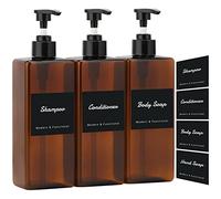 Segus Bouteille Shampoing Vide, Distributeur Savon, 3 Pièces 500ml Flacon Pompe Vide, Distributeur Gel Douche avec Étiquette Autocollant, Distributeur Savon Salle de Bain (Marron)