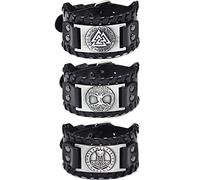 Sehaby 3 pièces bracelets en cuir vintage, bracelets noirs Odin Rune, bracelets en cuir large arbre de vie, Bracelets à motif de marteau de Viking Thor, bracelet manchette en cuir nordique