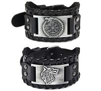 Sehaby Bracelet en cuir tressé fait à la main 2 pièces, bracelet tête de loup nordique, Bracelet manchette large Viking en argent, bracelet boussole runique, bracelet de mode pour femmes hommes