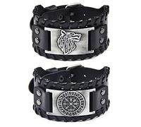 Sehaby Bracelet nordique 2 pièces, Bracelet en cuir tressé fait à la main, Bracelet manchette large tête de loup, bracelet de bijoux boussole runique, bracelet vintage pour femmes hommes