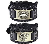 Sehaby Bracelet tissé à la main 2 pièces, bracelet à manchette large Viking, bracelet à noeud celtique nordique, Bronze Odin Triangle Rune Bracelet, Bracelet Vintage pour femmes hommes