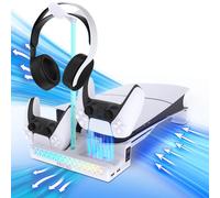 Sehawei Support Horizontal PS5 Slim avec Ventilateurs de Refroidissement à 2 Niveaux, Support de Base de Chargeur Manette ps5 et Support de Casque pour Console PS5 Slim Digital/Disc Console