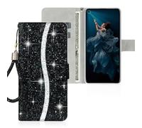 SEHEYA Coque à Rabat pour Huawei Y6 2019 / Honor 8A Étui Portefeuille Scintillant en Cuir PU Paillettes Housse Dragonne Étincelant Porte Cartes Béquille Magnétique Folio Cover, Noir