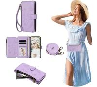 SEHEYA Coque à Rabat Vivo Y55 5G / Y75 5G / Y55S 2023 5G Étui Gaufré en Cuir PU Portefeuille Porte Carte Housse Fermeture Éclair Cordon Réglable Flip Case, Violet Clair