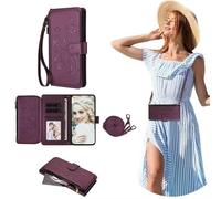 SEHEYA Coque à Rabat Vivo Y76 5G Étui Gaufré en Cuir PU Portefeuille Porte Carte Housse Fermeture Éclair Cordon Réglable Flip Case, Pourpre