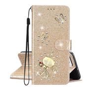 SEHEYA Coque Brillante pour Huawei Y6 2019 Étui à Rabat Cuir PU Glitter Portefeuille Paillettes Diamants Chat Papillon Housse Magnétique Folio Case Femme, Or