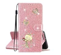 SEHEYA Coque Brillante pour Xiaomi 15T Pro Étui à Rabat Cuir PU Glitter Portefeuille Paillettes Diamants Chat Papillon Housse Magnétique Folio Case Femme, Or Rose