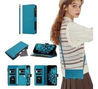 SEHEYA Coque pour Motorola Moto Edge 60 Fusion Housse à Rabat Fermeture éclair Réglable Cordon Etui en Cuir PU Portefeuille Porte Carte Béquille Case, Bleu Aqua