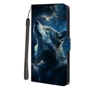 SEHEYA Coque pour Samsung Galaxy A22 4G Étui à Rabat Motif Animal Mignon Housse Portefeuille en Cuir PU Boucle Magnétique Béquille Porte Cartes Cover, Loup Ciel Nocturne