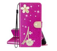 SEHEYA Coque pour Samsung Galaxy S26 Edge Glitter Étui à Rabat Cuir PU Portefeuille Paillettes Diamants Paris Tour Eiffel Fleur Motif Housse Telephone Portable Femme Flip Case, Magenta