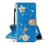 SEHEYA Coque pour Samsung Galaxy S26 Plus / S26+ Glitter Étui à Rabat Cuir PU Portefeuille Paillettes Diamants Paris Tour Eiffel Fleur Motif Housse Telephone Portable Femme Flip Case, Bleu