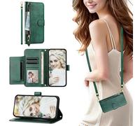 SEHEYA Coque pour Xiaomi Redmi 14C 4G / Poco C75 4G Etui en Cuir PU Portefeuille Rétro Cordon et Porte Carte Housse à Rabat Réglable Collier Bande Fermeture éclair Case, Vert