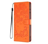 SEHEYA Coque pour Xiaomi Redmi A3 4G / A3X / Poco C61 4G Étui en Relief Chat Fleur Gaufré Housse en Cuir PU Flip Case Portefeuille à Rabat Boucle Magnétique Porte Cartes Cover, Orange