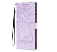 SEHEYA Coque pour Xiaomi Redmi A3 4G / A3X / Poco C61 4G Étui en Relief Chat Fleur Gaufré Housse en Cuir PU Flip Case Portefeuille à Rabat Boucle Magnétique Porte Cartes Cover, Violet