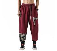 Seidarise Pantalon sarouel pour homme, style hip-hop, pantalon baggy, jambes larges, décontracté, sarouel, lin, yoga japonais, A - Rouge, Taille L