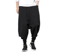 Seidarise Pantalon sarouel pour homme, style hip-hop, pantalon baggy, jambes larges, décontracté, sarouel, lin, yoga japonais, noir, XX-Large