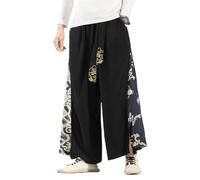 Seidarise Sarouel décontracté en lin pour homme - Jambe large - Pantalon de yoga japonais - Hip Hop - Pantalon baggy, A-noir, Taille L