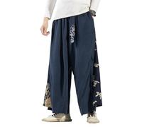 Seidarise Sarouel décontracté en lin pour homme - Jambe large - Pantalon de yoga japonais - Hip Hop - Pantalon baggy, A-Bleu marine, Taille M