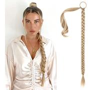 SEIKEA Extensions de cheveux raides tressées à faire soi-même pour queue de cheval avec attaches - Postiche naturelle douce - Blond avec mèches dorées pâles, 86 cm (après tressage, 76,2 cm)