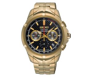 SEIKO SSB438 Coutura Montre à quartz chronographe pour homme Cadran noir en acier inoxydable avec bracelet doré clair Étanche jusqu'à 100 mètres, noir, Classique