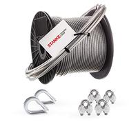 Seilwerk STANKE Câble d’acier galvanisé gainé (couche PVC) 100m diamètre 4mm 6x7, 2x Cosse-coeur, 4x Serre-câble à étrier - SET 1