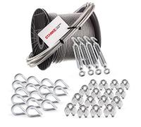 Seilwerk STANKE Câble d’acier inox gainé (PVC), 50m acier V4A, 4mm 7x7, 4x Tendeur M10 Œil-Crochet, 16x Cosse-Cœur V4A, 16x Serre-Câble à étrier V4A, Suspension Kit - SET 6