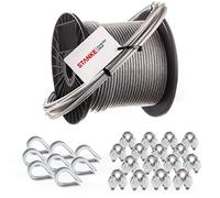 Seilwerk STANKE Câble d’acier inox gainé (PVC), 5m, acier V4A, 3,5mm 7x7, 8x Cosse-cœur V4A, 16x Serre-câble à étrier V4A, Suspension Kit - SET 3