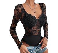 seiveini Body Femme Sexy Manches Longues Elegante Lingerie Body en Dentelle Blouse Chemise à Col en V Bodysuit Moulant Haut Top Sexy Slim Combinaison Elégant E Noir L